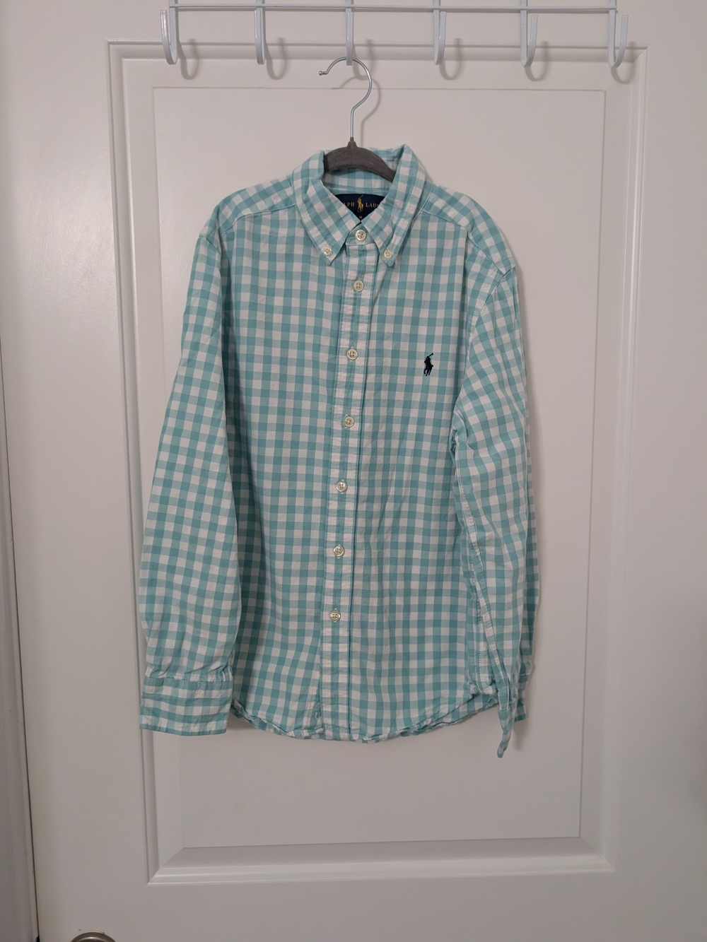Ralph Lauren Boys 10-12 Aqua Gingham Button Down Shirt Preppy Polo